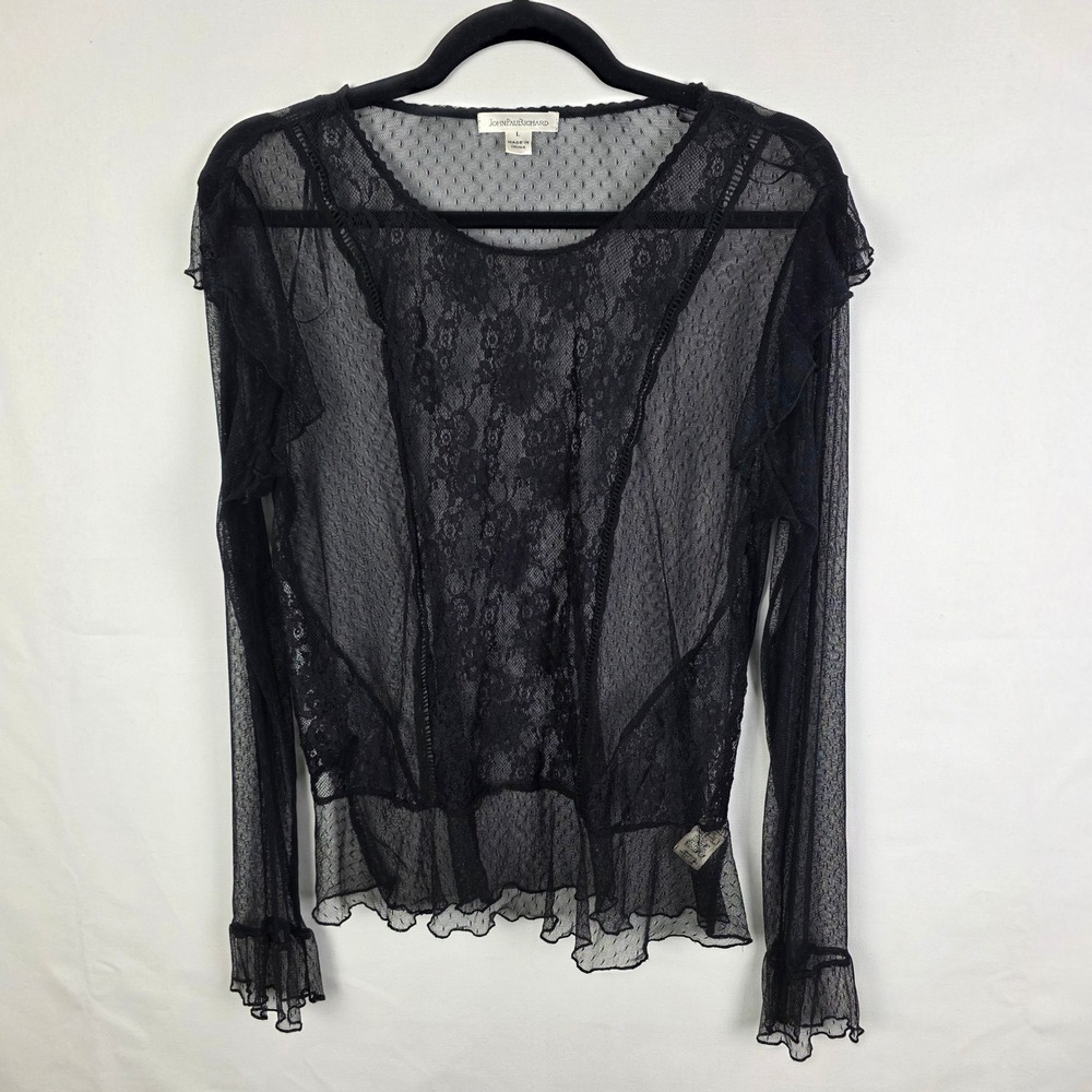 John Paul Richard Black Sheer Lace Mesh Point d'Esprit‎ Top Large MB998172J